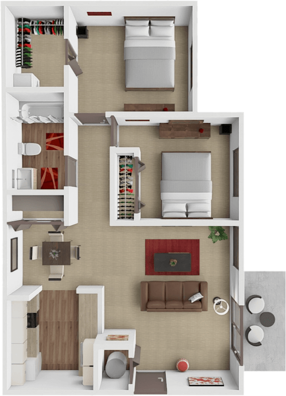 A 3D floor plan of a small apartment with a living room, kitchen, and bathroom.