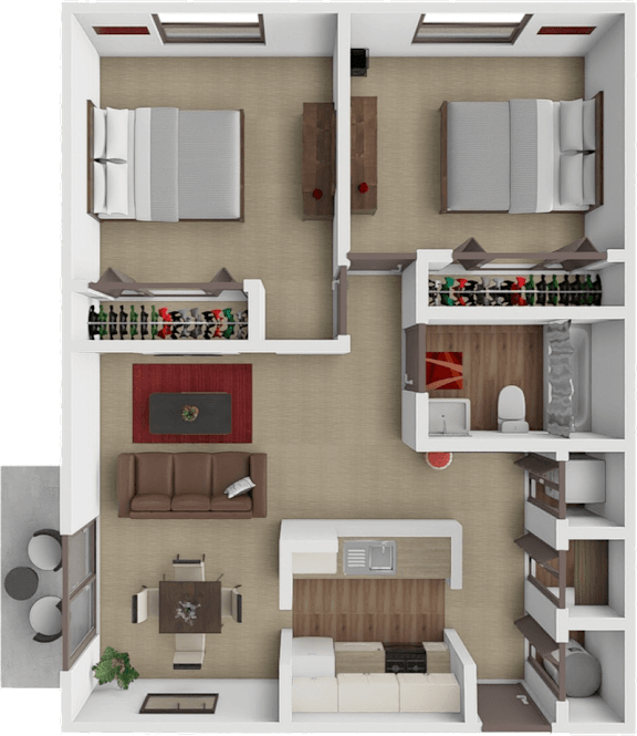 A 3D rendered image of a small apartment layout.