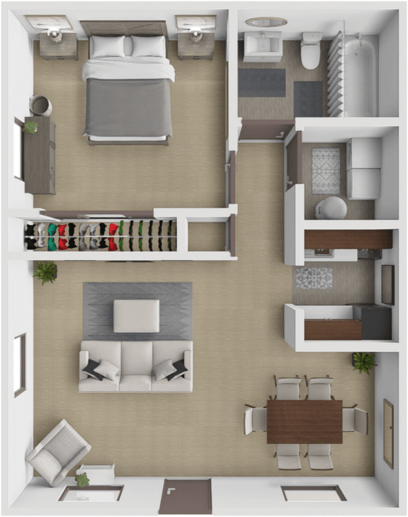 a 3d rendering of a bedroom and living room