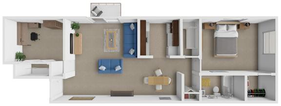 Floor Plan  A 3D floor plan of a small apartment with a kitchen, living room, and bedroom.