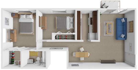 Floor Plan  A 3D rendered image of a small apartment layout.