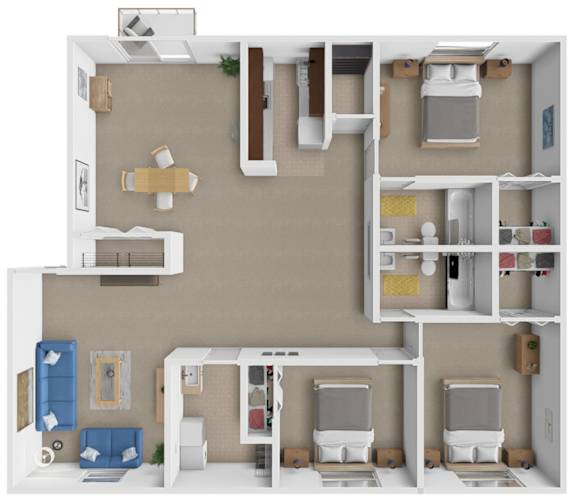 A 3D floor plan of a small apartment with a kitchen, living room, and bathroom.
