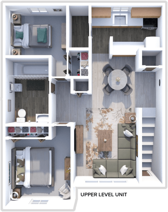 2 bedroom, 1 bath upper level unit floor plan at Fremont Manor and Park Place