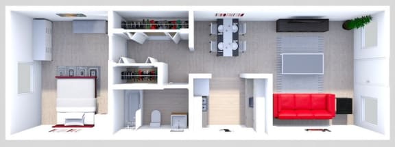 a 3d rendering of a house with a living room and a bedroom