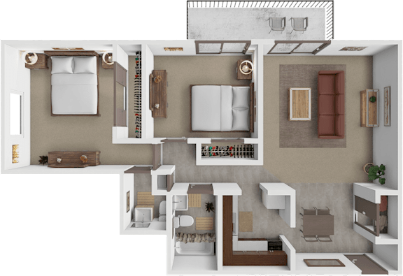 A top-down view of a modern apartment layout with a kitchen, living room, and bedrooms.