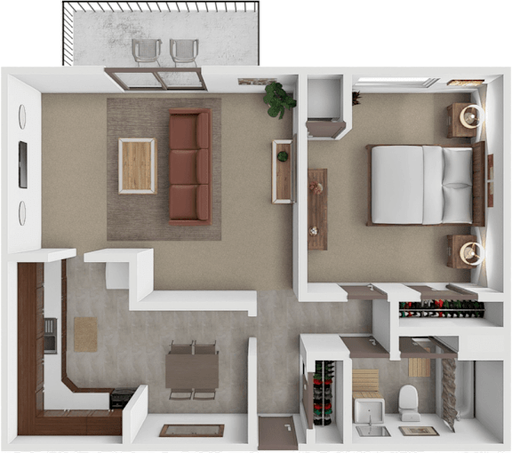 A 3D floor plan of a small apartment with a kitchen, living room, and bedroom.