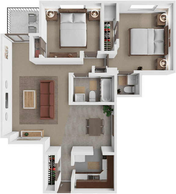 A 3D floor plan of a house with a kitchen, living room, dining area, and bedrooms.