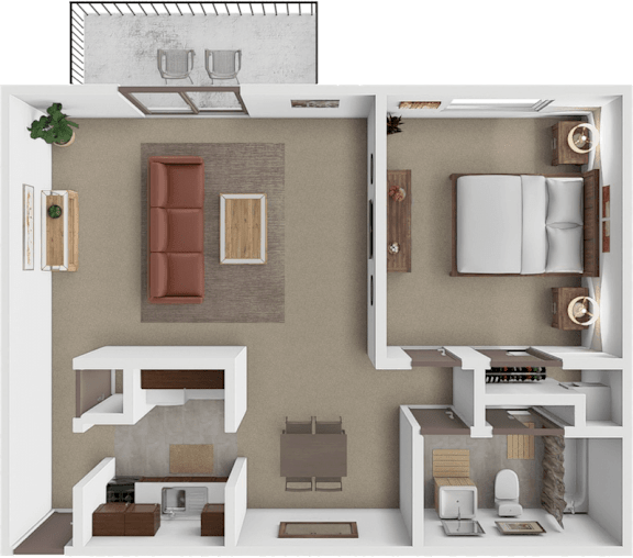 A modern, minimalist interior design layout featuring a kitchen, living room, and bathroom.