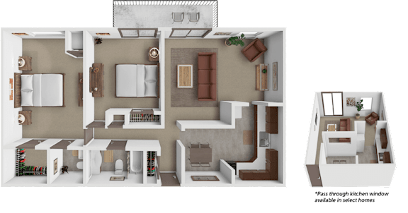 A 3D floor plan of a house with a kitchen, living room, and dining area.