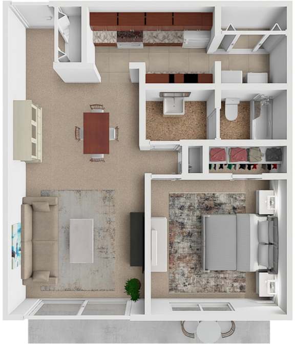 A top down view of a house layout with a kitchen, living room, dining room, and bathroom.