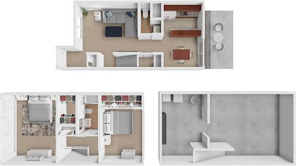 A 3D floor plan of a house with a kitchen, living room, and bathroom.