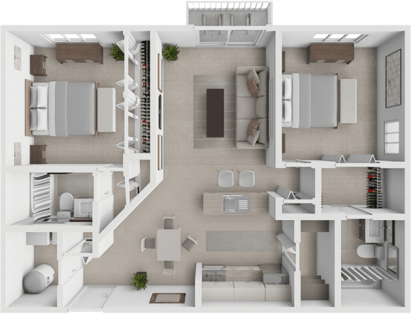 a rendering of a 3d floor plan with a bedroom and a living room