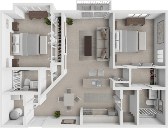 a rendering of a 3d floor plan with a bedroom and a living room