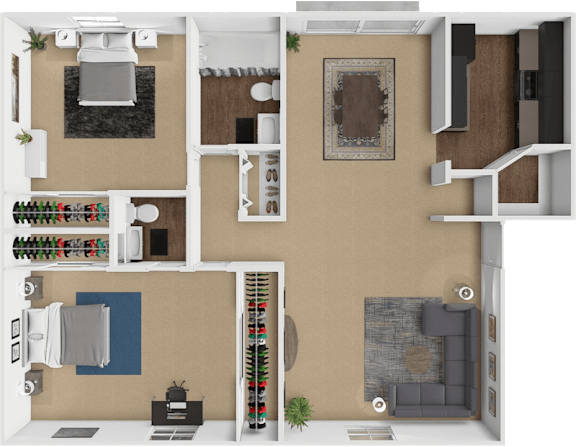 A 3D floor plan of a 2 bedroom 1.5 bathroom apartment at forest hills apartments.