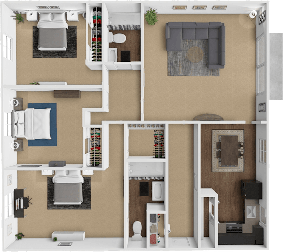 A 3D floor plan of a 3 bedroom apartment at forest hills apartments