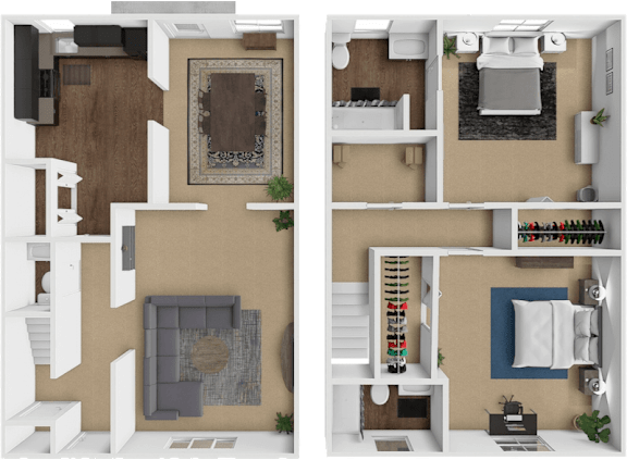 A top-down view of an apartment 3D floor plan with 2 bedrooms 2.5 bathrooms