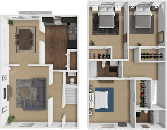 A 3D floor plan of an apartment with 3 bedrooms and 2.5 baths