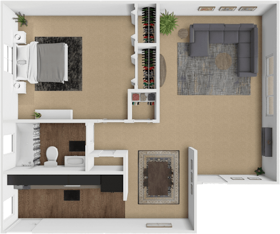 A 3D floor plan of a 1 bedroom 1 bathroom apartment at Forest Hills Apartments
