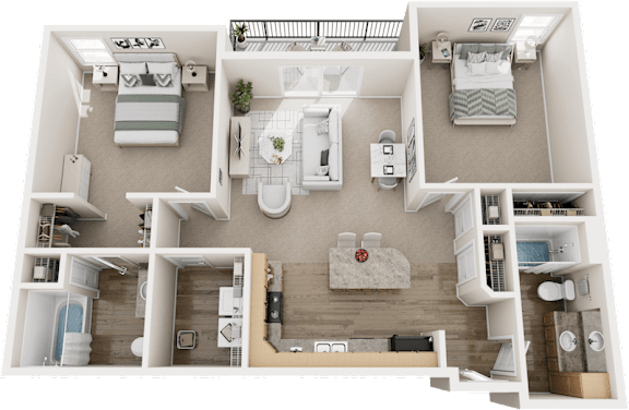 A detailed 3D floor plan of a small apartment layout.