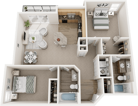 A detailed 3D floor plan of a two-bedroom apartment.