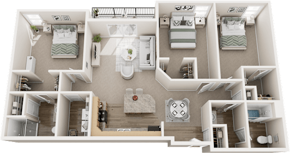 A 3D floor plan of a house with a kitchen, living room, and two bedrooms.