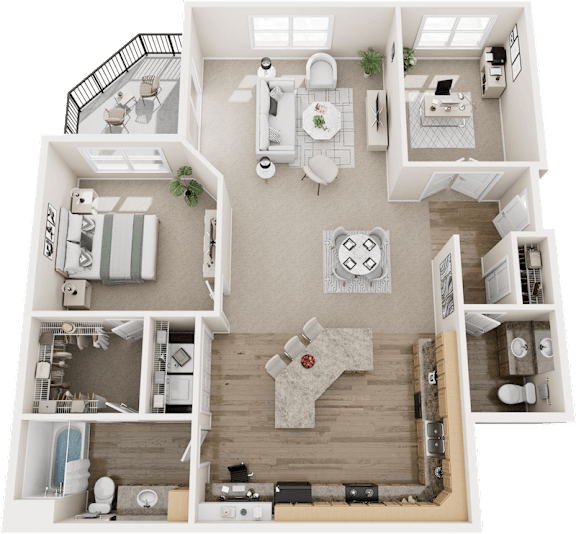 A 3D floor plan of a house with a kitchen, living room, and bathroom.