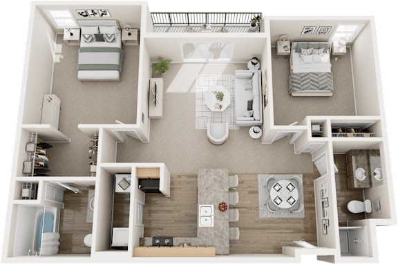 A 3D floor plan of a house showing a kitchen, living room, dining room, and two bedrooms.