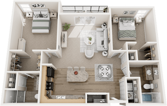 A detailed 3D floor plan of a two-bedroom apartment.