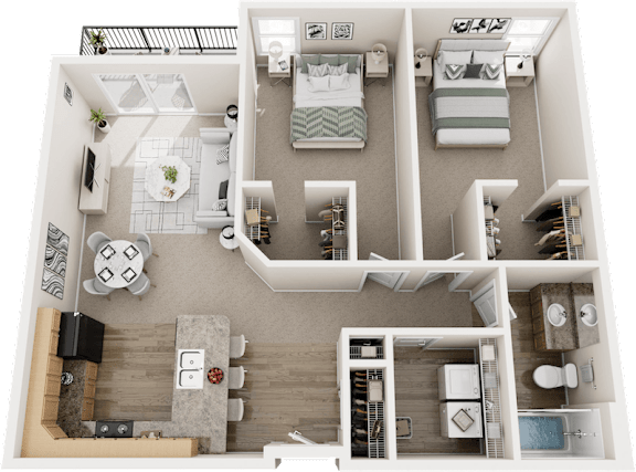 A top-down view of a house layout with two bedrooms, a living room, a kitchen, and a bathroom.