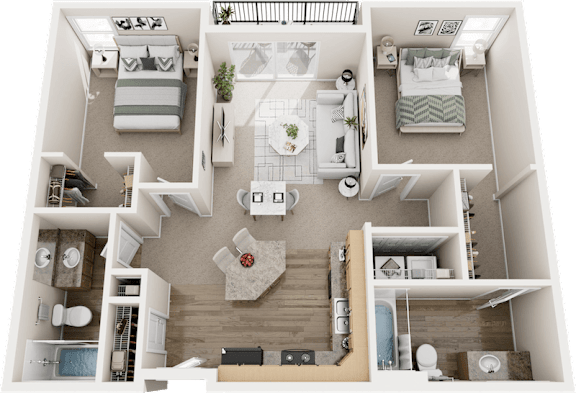 A top-down view of a small apartment with a living room, kitchen, and two bedrooms.