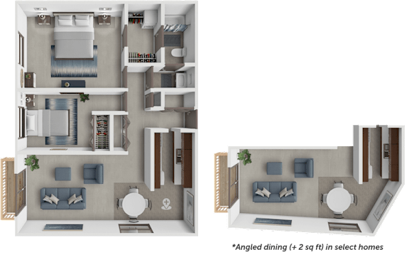 2 bed 1 bath Fontis floor plan with angled dining variation