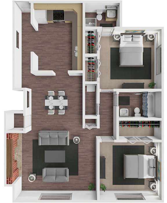 A 3D floor plan of a house with a kitchen, living room, and bathroom.