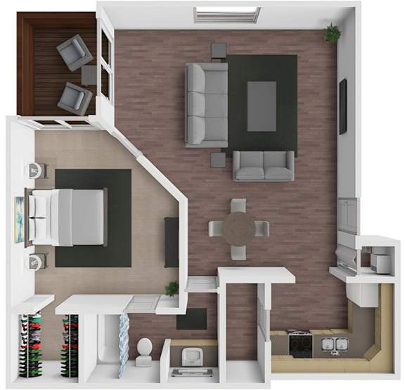 A 3D rendered image of a modern apartment layout.
