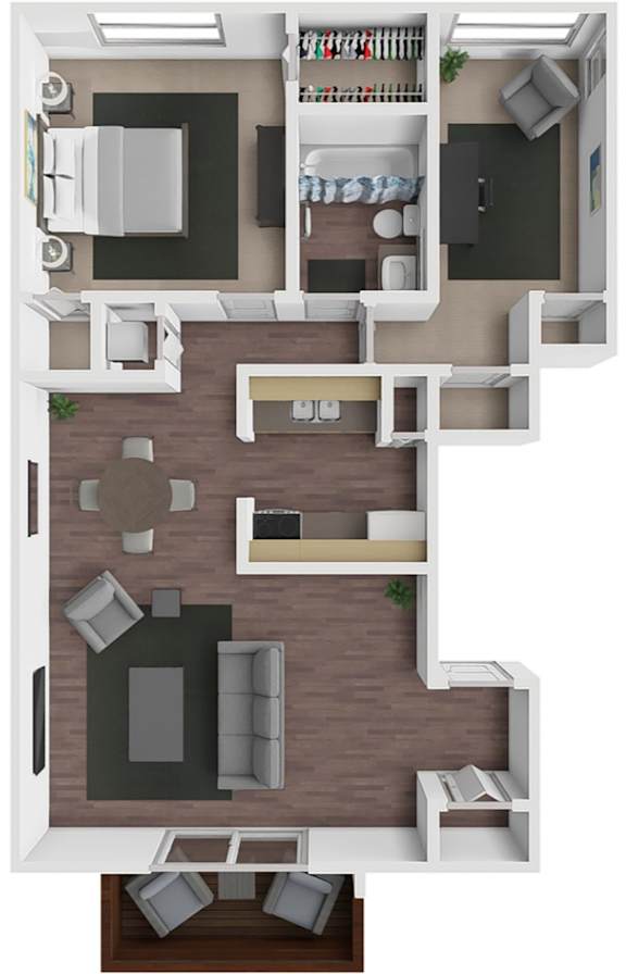 Floor Plan  A floor plan of a small apartment with a kitchen, living room, and bedroom.