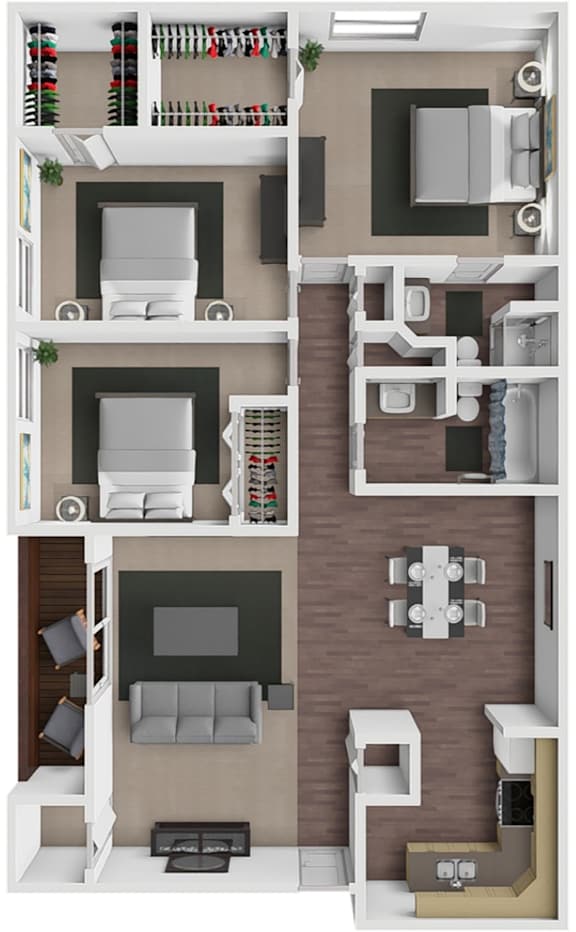 A 3D floor plan of a small apartment with a living room, kitchen, and bathroom.