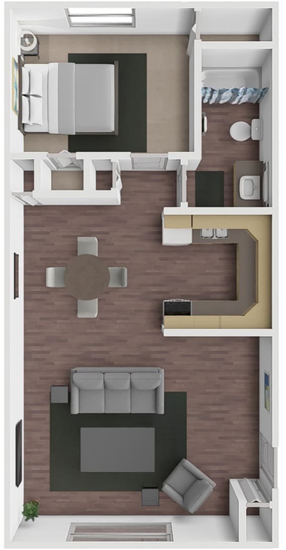 A 3D floor plan of a small apartment with a kitchen, living room, and bathroom.
