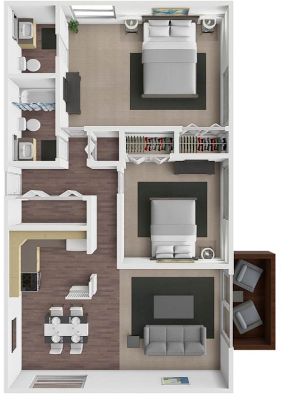 A floor plan of a two-bedroom apartment with a living room, kitchen, and bathroom.