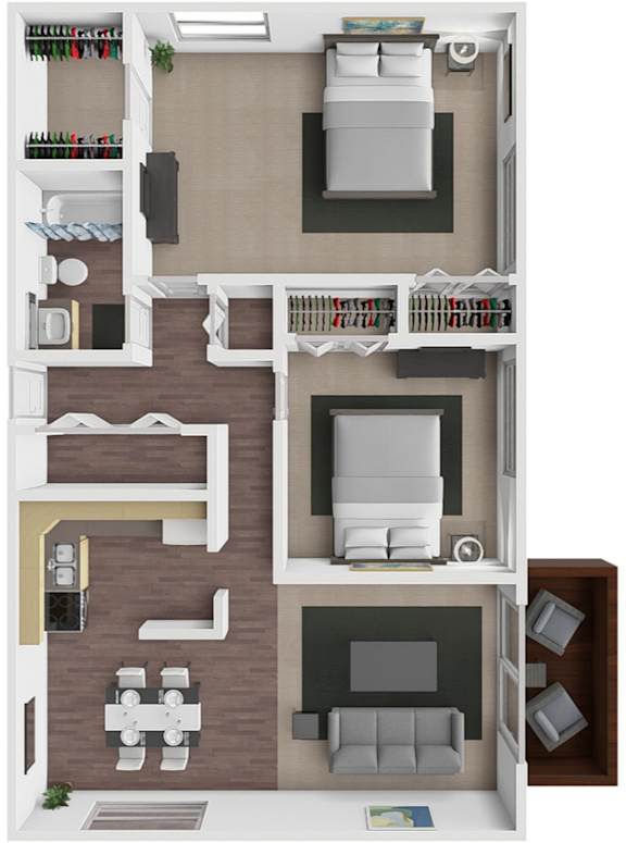 A 3D floor plan of a small apartment with a bedroom, living room, and kitchen.