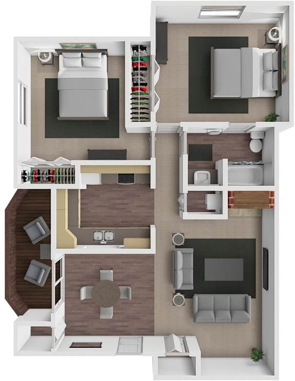 A top-down view of a two-bedroom apartment with a living room, kitchen, and bathroom.
