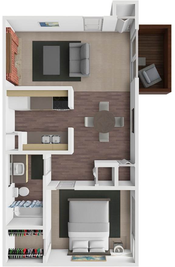 A 3D rendered image of a small apartment layout.