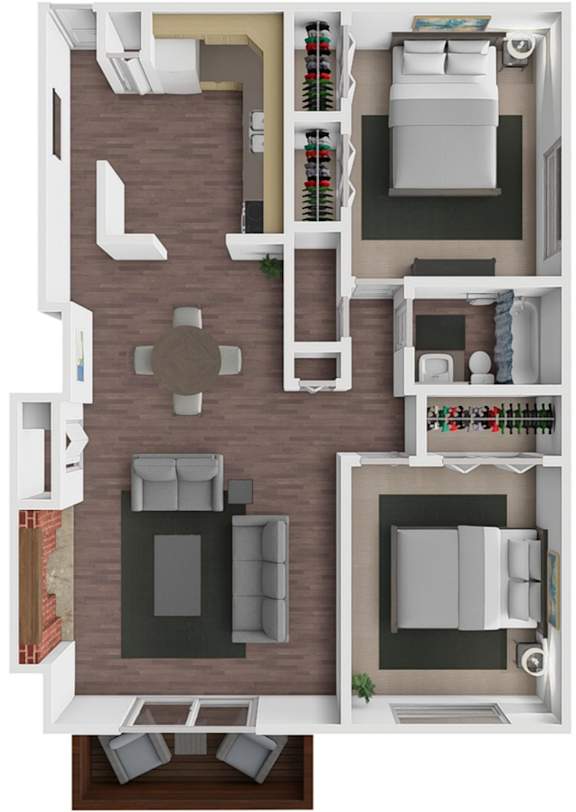 A top-down view of a small apartment with a kitchen, living room, and bathroom.