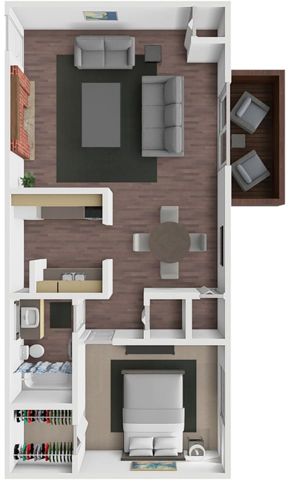 A 3D floor plan of a small apartment with a kitchen, living room, and bathroom.