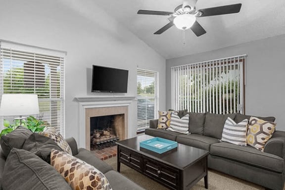 a living room with a couch and a tv and a fireplace