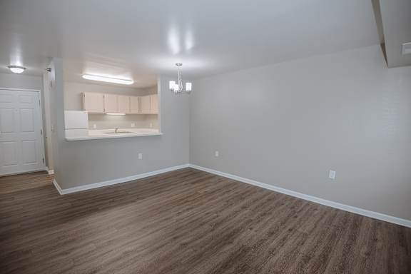 A room with wooden flooring and a white door.