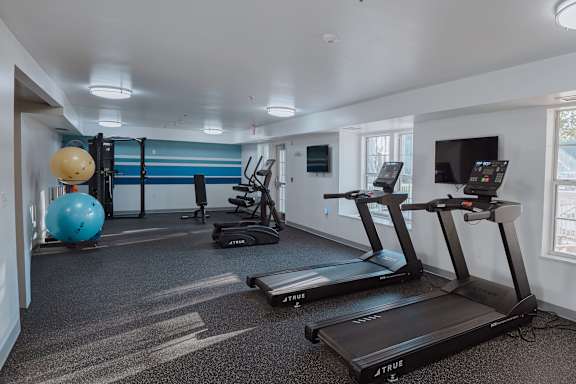 A gym with treadmills, exercise balls, and other equipment.