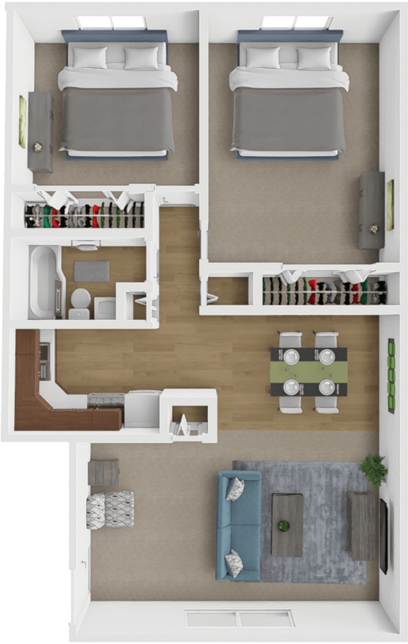 a 3d rendering of a bedroom with a bathroom and a living room