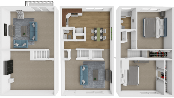 a 3d rendering of a floor plan with bedrooms and a living room
