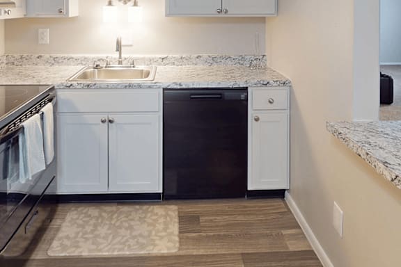 A kitchen with a sink, dishwasher, and oven.