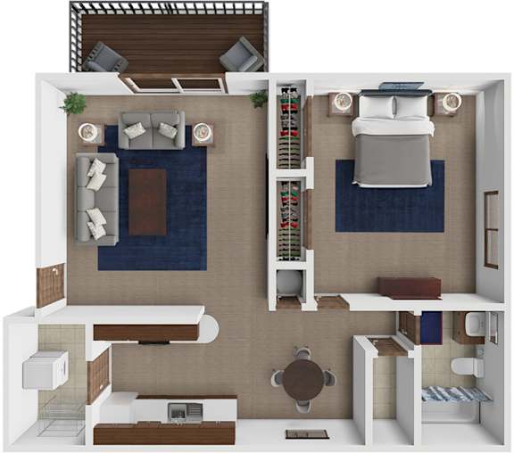 A 3D floor plan of a small apartment with a bedroom, living room, and kitchen.