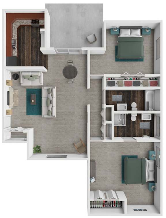 A top-down view of a small apartment with a kitchen, living room, and bedroom.